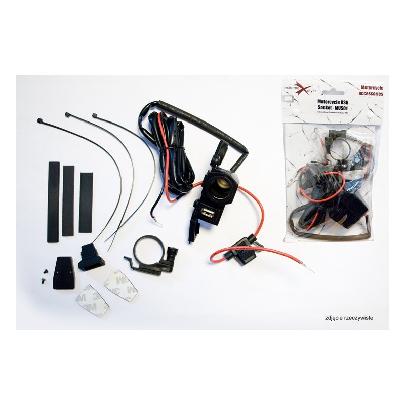 BIKETEC MOTOCYKLOWE GNIAZDO ZAPALNICZKI Z JEDNYM GNIAZDEM USB Z BEZPIECZNIKIEM MONTAŻ NA KIEROWNICĘ / RURKĘ