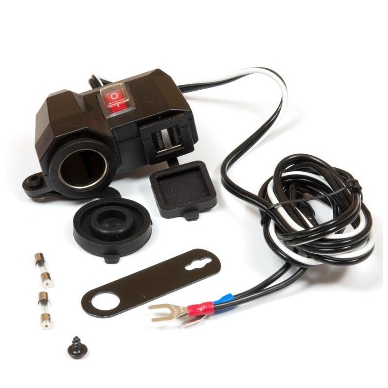 BIKETEC MOTOCYKLOWE GNIAZDO ZAPALNICZKI Z DWOMA GNIAZDAMI USB Z BEZPIECZNIKIEM MONTAŻ POD LUSTERKO- MUS04L