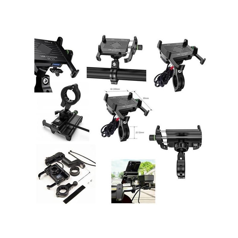 BIKETEC UCHWYT MOTOCYKLOWY Z ŁADOWARKĄ USB 3.0 NA TELEFON MONTOWANY NA KIEROWNICĘ LUB LUSTERKO TYP: R10-METAL USB QC