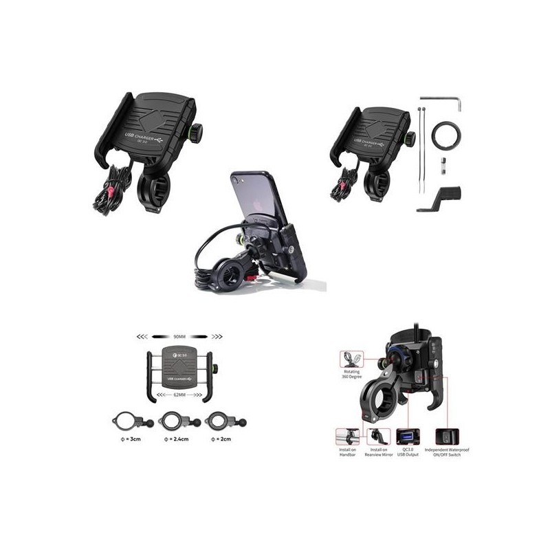 BIKETEC PROMOCJA UCHWYT MOTOCYKLOWY Z ŁADOWARKĄ USB 3.0 NA TELEFON MONTOWANY NA KIEROWNICĘ LUB LUSTERKO TYP: R9-METAL US