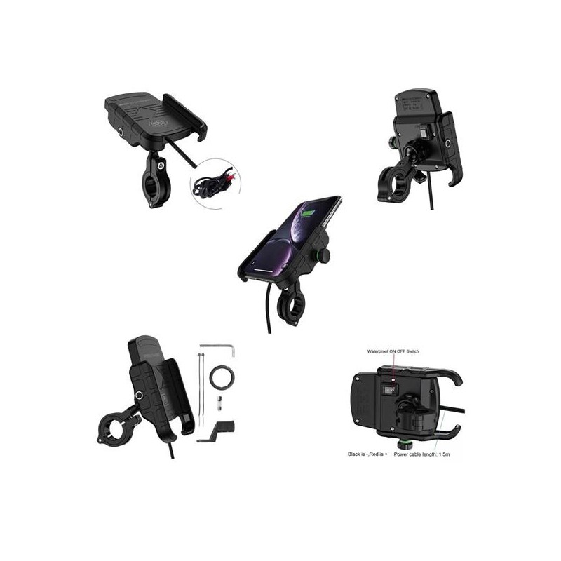 BIKETEC UCHWYT MOTOCYKLOWY Z ŁADOWARKĄ INDUKCYJNĄ NA TELEFON MONTOWANY NA KIEROWNICĘ LUB LUSTERKO TYP: R9W-METAL WIRELES