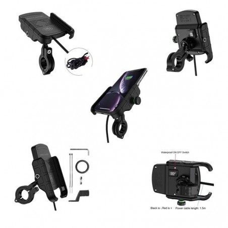 BIKETEC UCHWYT MOTOCYKLOWY Z ŁADOWARKĄ INDUKCYJNĄ NA TELEFON MONTOWANY NA KIEROWNICĘ LUB LUSTERKO TYP: R9W-METAL WIRELES