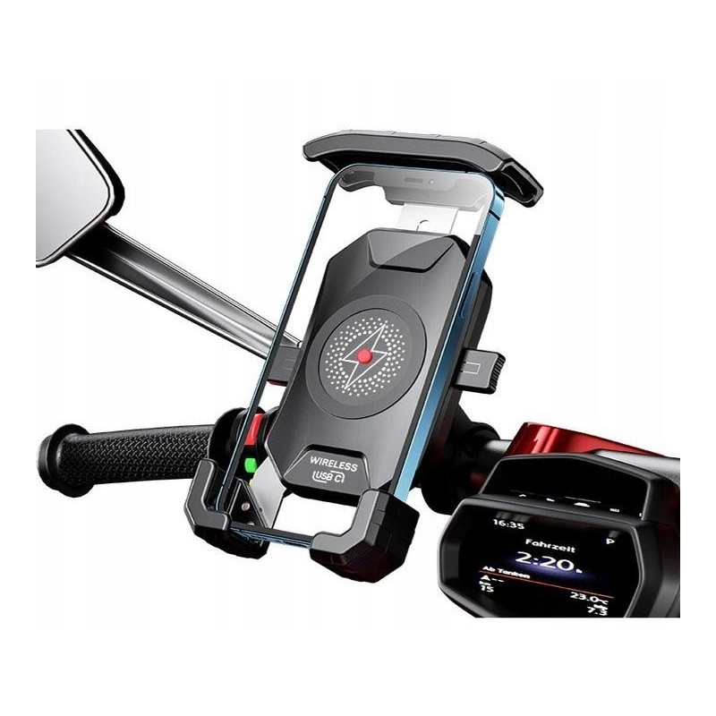 BIKETEC UCHWYT MOTOCYKLOWY Z ŁADOWARKĄ INDUKCYJNĄ NA TELEFON MONTOWANY NA KIEROWNICĘ LUB LUSTERKO TYP: R15W-PD WIRELESS